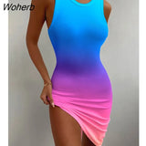 Women Ombre Ruched Bodycon Tank Dress 2022 New Femme Ribbed Skinny Round Neck Asymmetry Mini Dress Lady Outfits Vestidos-Outfit