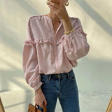 Spring White Tops Long Sleeve Woman Shirt O-neck Loose Blusas Korean Style Chic Shirt Ruffle Single Breasted