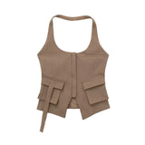 New Pocket Decoration Neck Collar Slim Blouse 3067029-Outfit