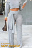 Women 2pcs Clothes Suit Solid Color Casual Long Sleeve Crop Top & Tied Detail Loose Wide Leg Pant Set-Outfit