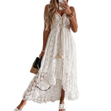 2021 Summer Casual V-Neck Lace Patchwork Dress Women Mid-Calf Dress Sexy Hollow Out Sleeveless Spaghetti Strap Dress