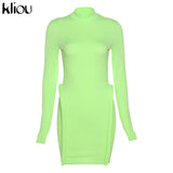 Kliou Knitted Stitching Mini Dress Women Hipster Skinny Three-Dimensional Decoration Bodycon Long Sleeve Turtleneck