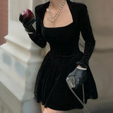 Velvet Square Corset A Line Women Formal Dress Bodycon Long Sleeve New Year Elegant Autumn Party Sexy Lady Mini Dress-Outfit