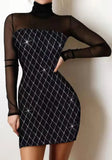 Sexy Black Print High Collar Mesh Long Sleeve Mini