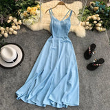 Chiffon Women Long Dress Chiffon Summer Sexy V Neck Spaghetti Strap Backless Split Beach Holiday Dress Casual