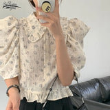New 2021 Korean Floral Blouses Tops Lapel Short Sleeve Embroidered Shirt Blusas Button Up Shirt Harajuku Tops Mujer