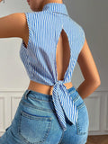 2025 Women's Shirt Behind The Hollow Strap Striped Buttonless Sleeveless