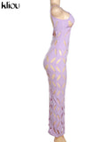 Kliou Unique Style Geometric Maxi Dress Women Elegant Spaghetti Strap Cleavage Backless Hollow Out Robe High Street Lady