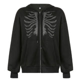 Rhinestone Skeleton Hoodies Women Autumn Streetwear Zip Up Goth Black Sweatshirts Harajuku Grunge Oversized Winter