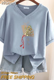 100% Cotton L-5XL Plus Size T Shirt Print Short Sleeve Women's Top Japanese Summer Sweet Couple V Neck Oversize T Shirts-Outfit