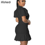 Elegant Commuter Mini Dress Women Fashion V-neck Double Breasted Puff Sleeves Ruffled Mini Dress Women-Outfit