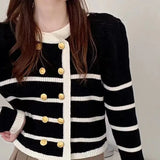Woherb 2023 New Korean Version Loose Lazy Round Collar Striped Cardigan Design Sense Female Bump Color Sweater Coat-Outfit