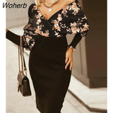 Plus Size Elegant Dress Women Fashion Casual Slim V Neck Long Sleeve Backless Plaid Print Knitted Dress Women-Outfit