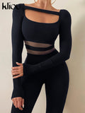 Kliou Sheath Concise Jumpsuit Women Herfst Unique Truncated Mesh See Through One Pieces Slim Simple Casual Female