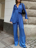 Fashion Women Two-piece Pant Sets Streetwear Leisure Lapel Long Shirt and Wide Leg Pants Suits Casual Loose Oversize