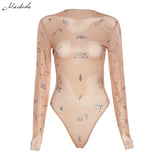 Fashion Mesh Printing Slim Bodysuit Women O Neck Long Sleeve Clothing Lady Khaki Casual Street Body Suit 2021
