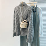 Women's Cotton Cashmere Lattice Half-High-Collar Sweater Korean Version Of The Student's Dress Dress Nice Hair Knitted
