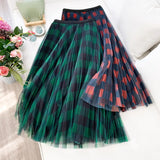 Cute Plaid Tulle Skirt Women Fashion Korean School Checked High Waist Pleated Maxi Skirt Female For Spring Summer QH2227-Outfit