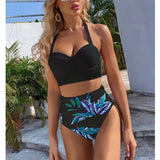 New High Waist Bikini Leaf Print Swimsuit Women Push Up Swimwear Female Halter Bathing Suit Vintage Swimming Suit