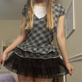 Dark Academia Style T-Shirts 2000s Fairy Grunge Plaid Top Kawaii Patchwork Ruffles Puff Sleeve Tee 90s Vintage