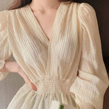 2021 Spring Sweet Shirt Elegant Korean Style Pleated Casual Lady Tops V-neck Elastic Waist Puff Sleeve Blouse Women