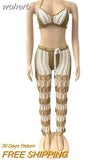 Block Knit Rib 2 Piece Set Summer Beach Wear Sexy Crochet Fishnet Lace Up Bra Crop Top + Pants Club Oufits Tracksuit Women-Outfit