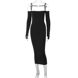 BOOFEENAA Classy Off The Shoulder Long Sleeve Bodycon Dresses for Women Sexy Fashion Brown Black Rib Knit Maxi Dress