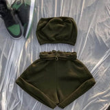 Solid Sportswear Two Piece Sets Women 2021 Crop Top And Drawstring Shorts Matching Set Summer Athleisure