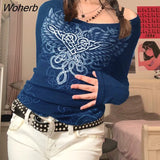 Grunge Graphic Print T-shirt 90s Vintage Solid Long Sleeve O Neck Pullovers Women Autum Casual Basice Crop Top Tees-Outfit
