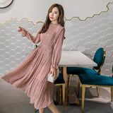 Elegant Stand Collar Floral Print Women Dress Full Sleeve Elastic Slim Waist Chiffon Spring A-line Long Dress 2019-Outfit