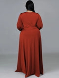 Romantic V-neck Full Sleeves Solid Slit Maxi Plus Size Long