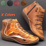 Arch Support Ankle Boots Casual Cross Strappy Side Zipper Winter Short Leather Boots Vintage Punk Flat Shoes Lady 2019