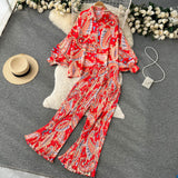 Style Two-Piece Suit Women's Autumn French Retro Print Loose Long-Sleeved Skirt High-Waist Straight Casual Trousers-Outfit