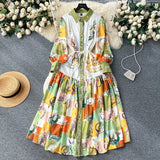 French Vintage Lapel Lantern Sleeve Print Dress Female Straps Closed Waist Show Slim Elegant Dress-Outfit