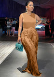 Sexy O-Neck Sleeveless Top Solid Tassel Loose Pant Two Piece