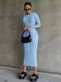2021 Women Fall Winter Fashion Bodycon Stripe O Neck Pure Color Long Sleeves Maxi Dress Female Sexy Outfits