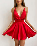Women Elegant Spaghetti Strap V-Neck Cocktail mini Party Dress Solid Ruched Plunge Pep Hem Skater
