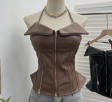Shoot Hottie Hanging Neck Zipper Open Fork Sling Vest Pu Skin Bra Repair Short Sleeveless Top