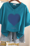 100% Cotton L-6XL T Shirt Plus Size Tshirt Short Sleeve Women Top Summer Heart Print Couple V Neck Oversized T Shirts-Outfit
