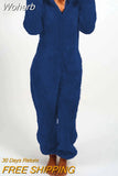 Women Overall Homewear Warm Fleece Hooded High Waist Autumn Winter Solid Color Jumpsuit Pants Jumpsuits Pajama-Outfit
