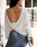 Women Elegant Fashion Casual Long Sleeve Blouse Beaded Backless Sexy