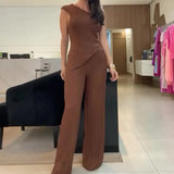 Woherb 2024 New Solid Color Diagonal Collar Stripe Elastic Slim Knit Sweater Pants Suit Women-Outfit