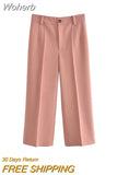 2023 Women Summer Wide Leg Pants Casual Solid High Waist Buttons Ankle-Length Pants Female Elegant Street Trousers-Outfit