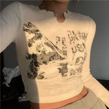 Vintage Harajuku T-Shirts Y2k Long Sleeve Crop Top Women's Rhinestone Print Glitter Lace Korean Fashion Tees Blouse-Outfit
