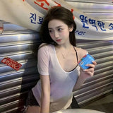 Summer Thin White T-Shirt for Women Sexy See Through V-Neck T Shirts Female All-Match Loose Short Sleeve Tee Top De Mujer-Outfit