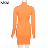 Kliou Knitted Stitching Mini Dress Women Hipster Skinny Three-Dimensional Decoration Bodycon Long Sleeve Turtleneck
