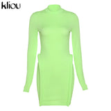 Kliou Knitted Stitching Mini Dress Women Hipster Skinny Three-Dimensional Decoration Bodycon Long Sleeve Turtleneck
