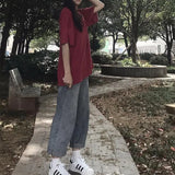 Women Jeans Vintage Wide Leg Female Trousers Casual Loose All-match Chic Classic Solid Trendy Soft Roll Up Hem Korean Style