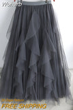 Women Beaded Petal Mid-length Ruffles Mesh Pleated Skirts Elegant High-waisted Fairy A-line Long Tulle Skirts QT1682-Outfit