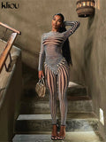 Kliou Mesh Striped Two Piece Set Women Sheath Body-Shaping High Street Sexy Hipster Long Sleeve O-Neck Female Streetwear